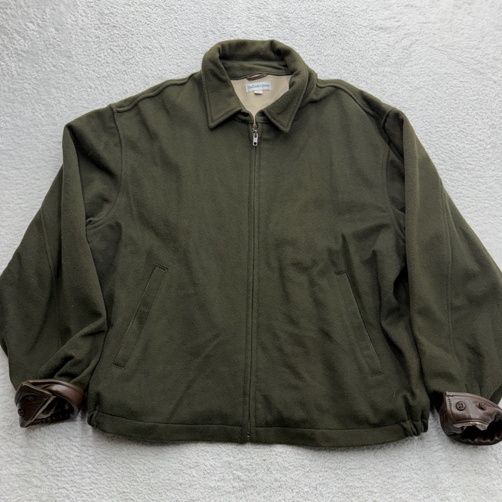 Bullock & Jones Mens Olive Green 100% Wool Full Zip Jacket Leather Trim L USA